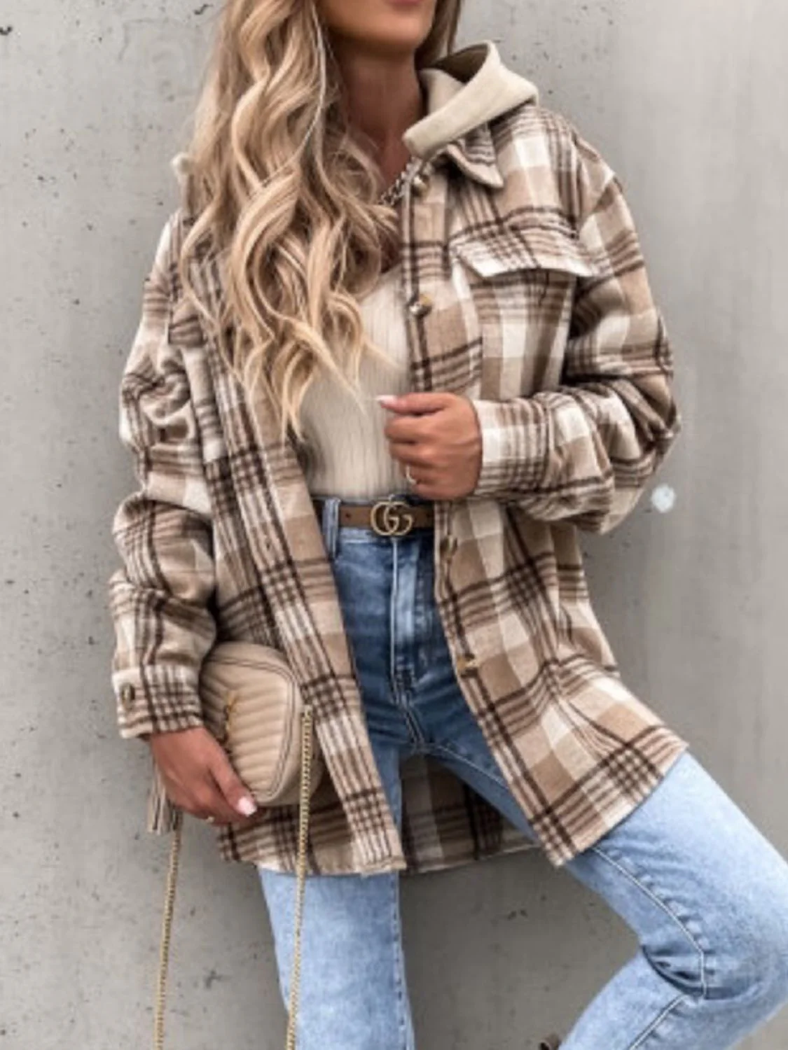 Plaid Button Up Jacket with Removable Hood - Image 3