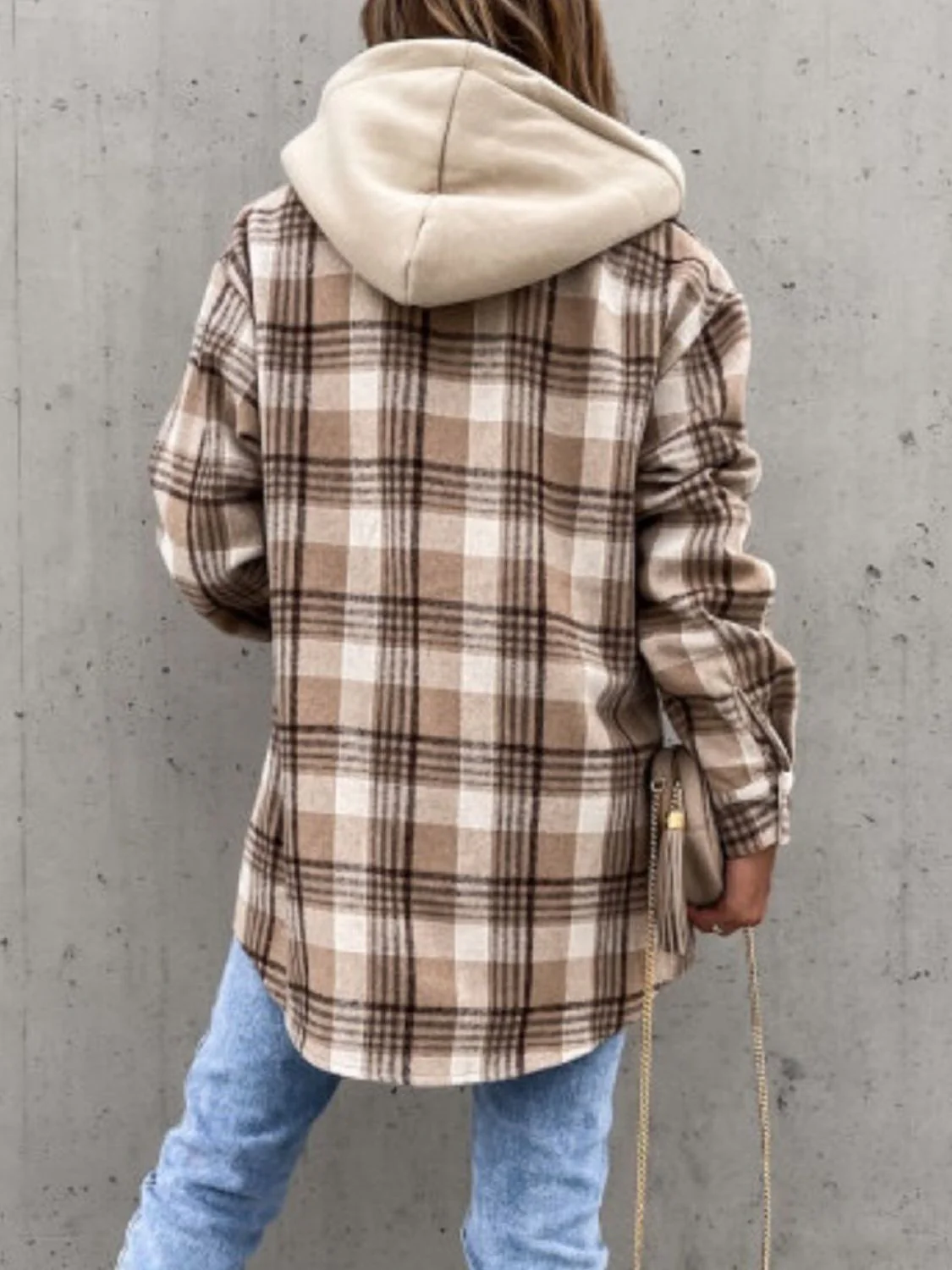 Plaid Button Up Jacket with Removable Hood - Image 4