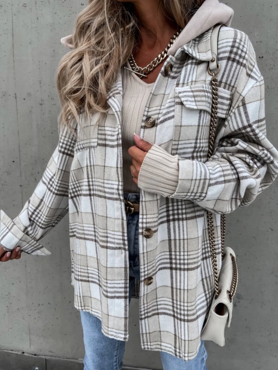 Plaid Button Up Jacket with Removable Hood - Image 5