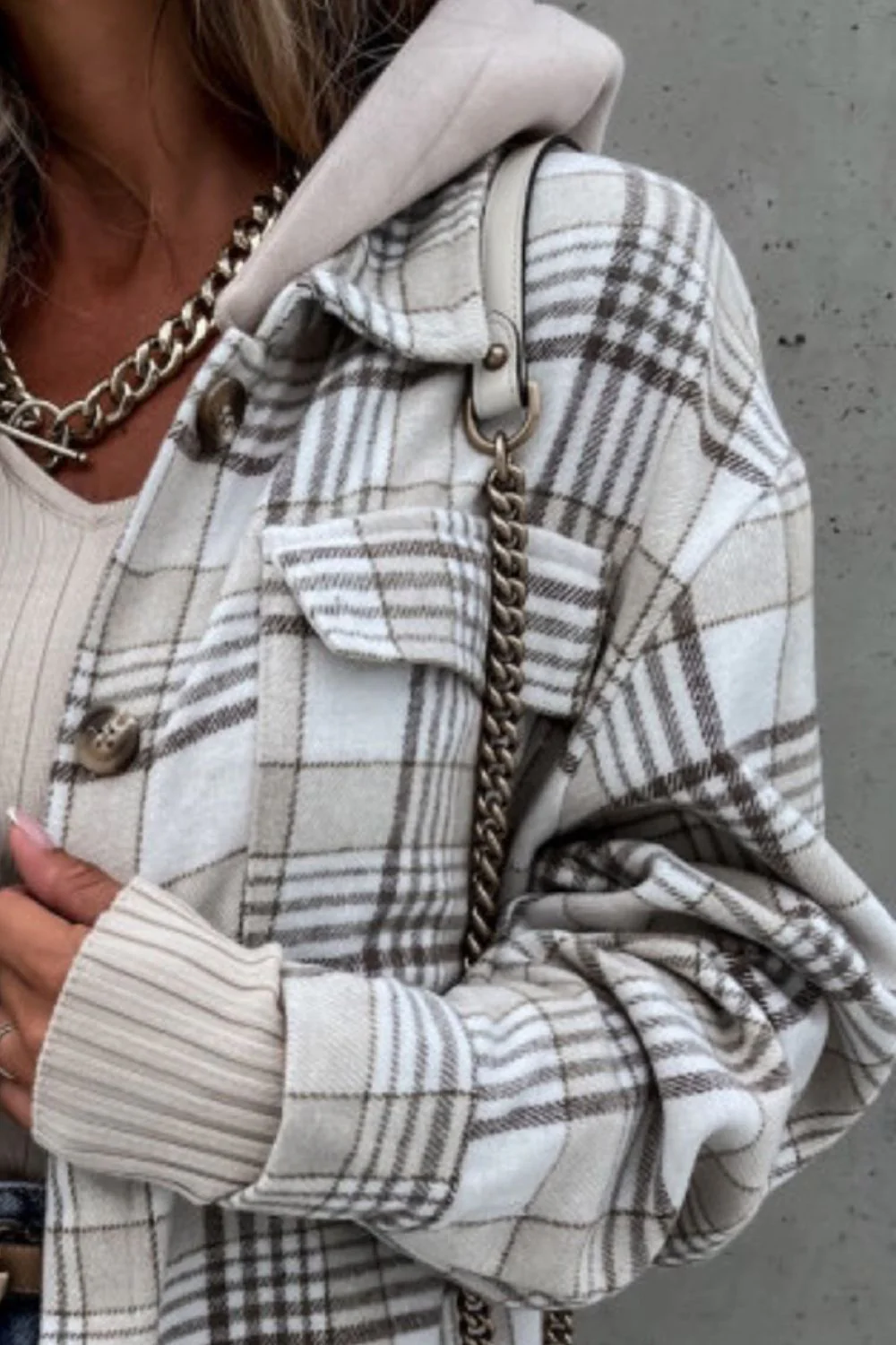 Plaid Button Up Jacket with Removable Hood - Image 6