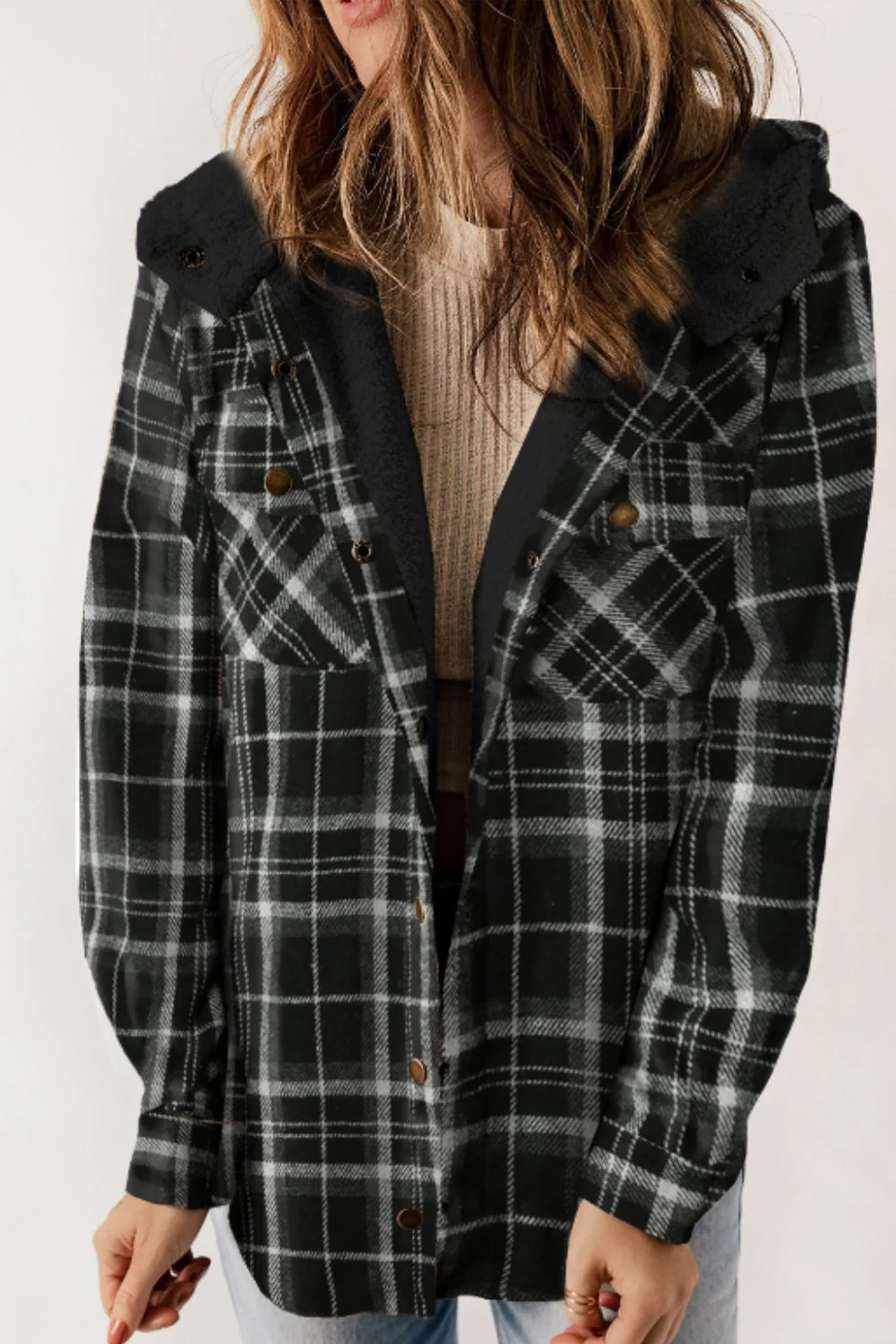 Plaid Button Up Long Sleeve Hooded Jacket - Image 14