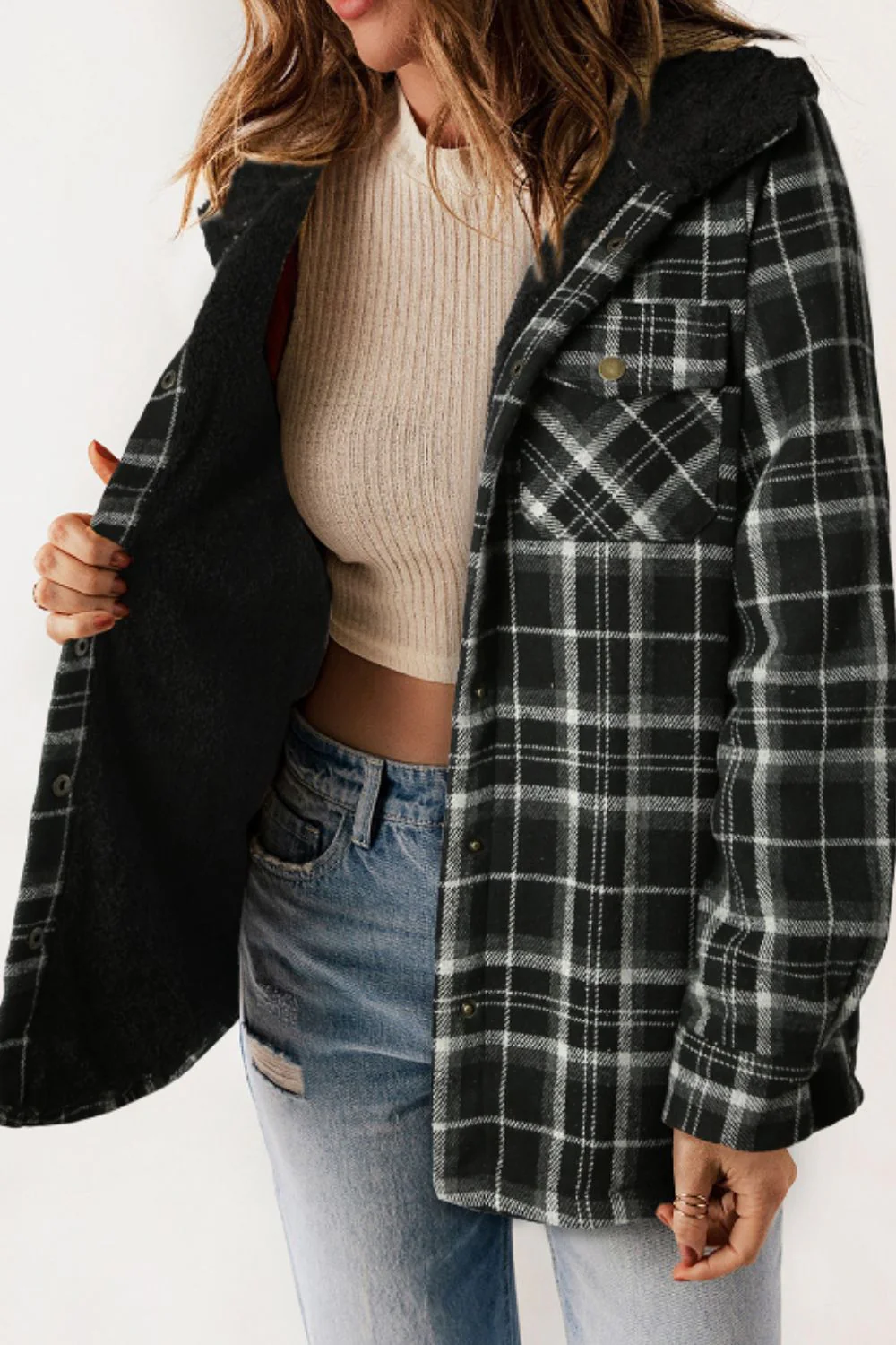 Plaid Button Up Long Sleeve Hooded Jacket - Image 15
