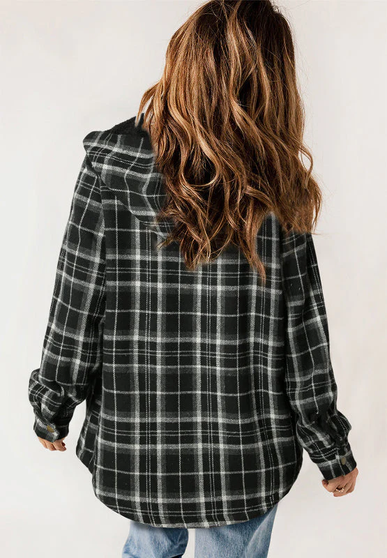 Plaid Button Up Long Sleeve Hooded Jacket - Image 16