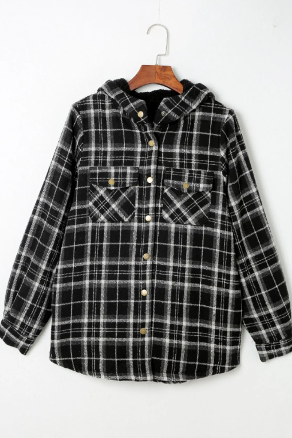 Plaid Button Up Long Sleeve Hooded Jacket - Image 17