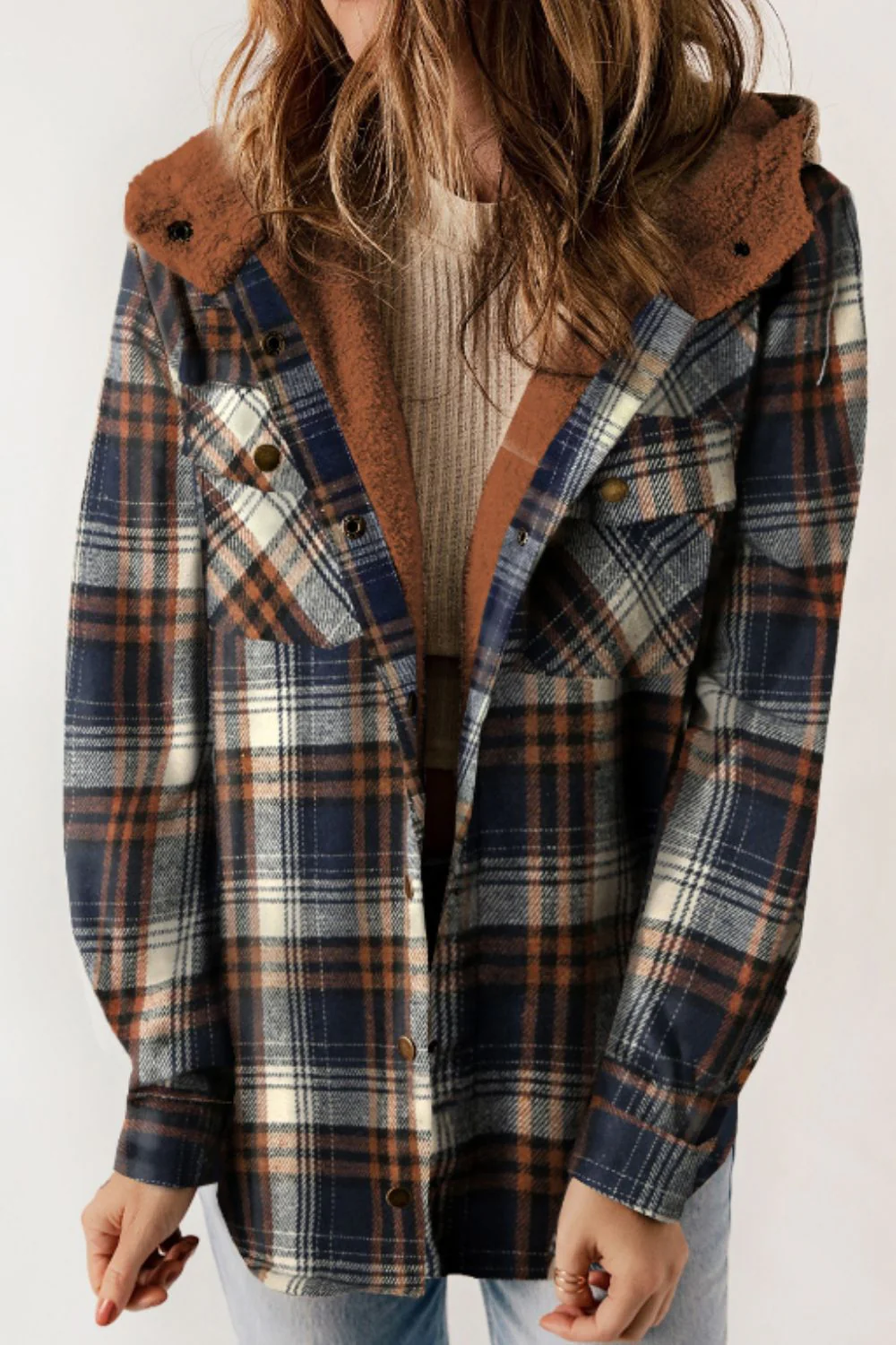 Plaid Button Up Long Sleeve Hooded Jacket - Image 7