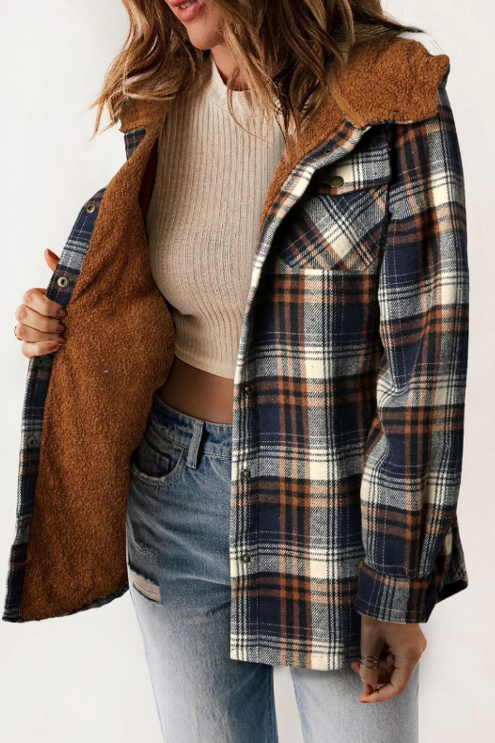 Plaid Button Up Long Sleeve Hooded Jacket - Image 8
