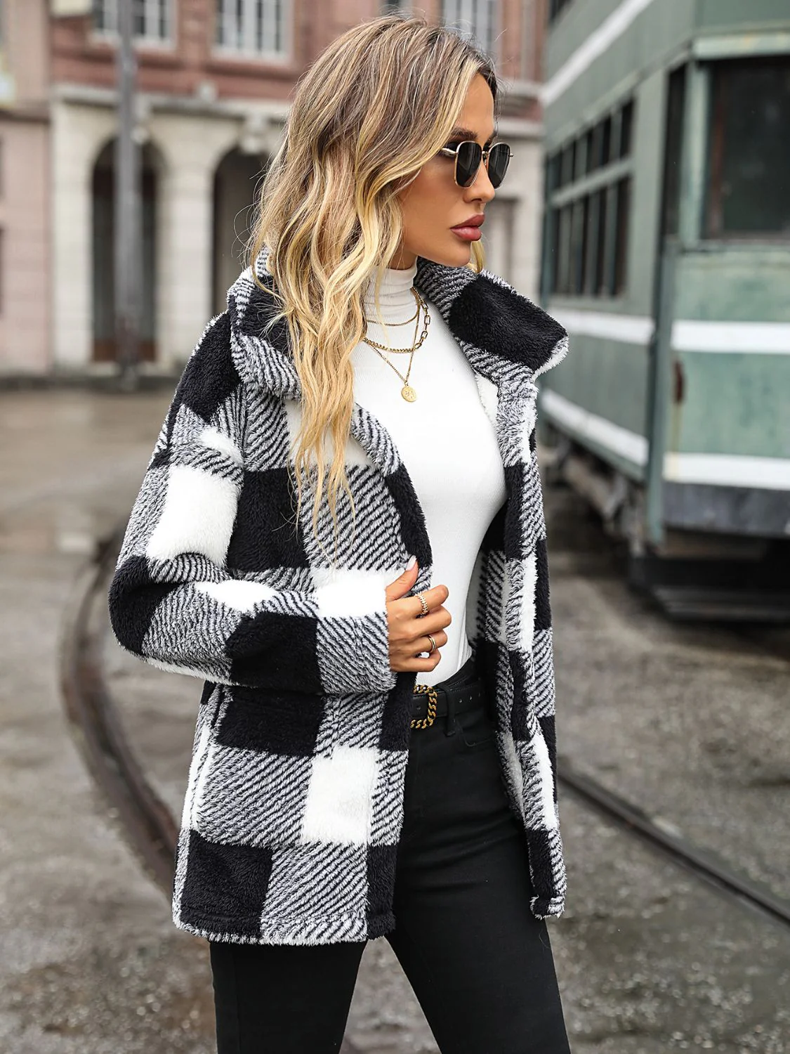 Plaid Collared Neck Button Down Jacket - Image 3