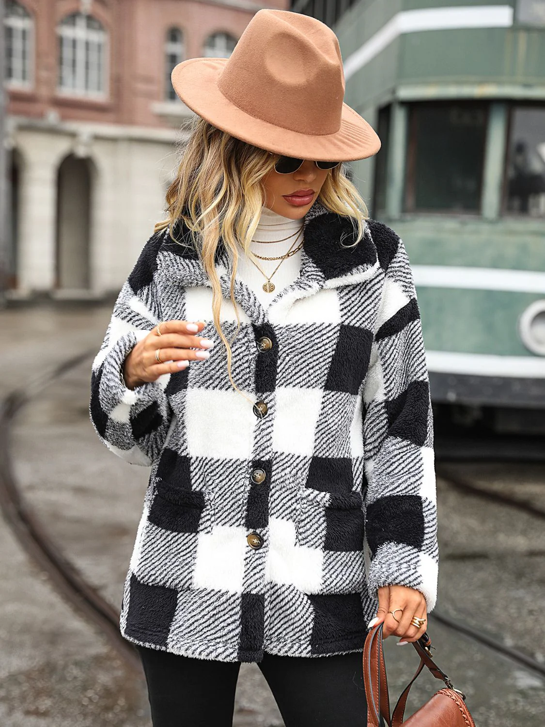 Plaid Collared Neck Button Down Jacket - Image 4
