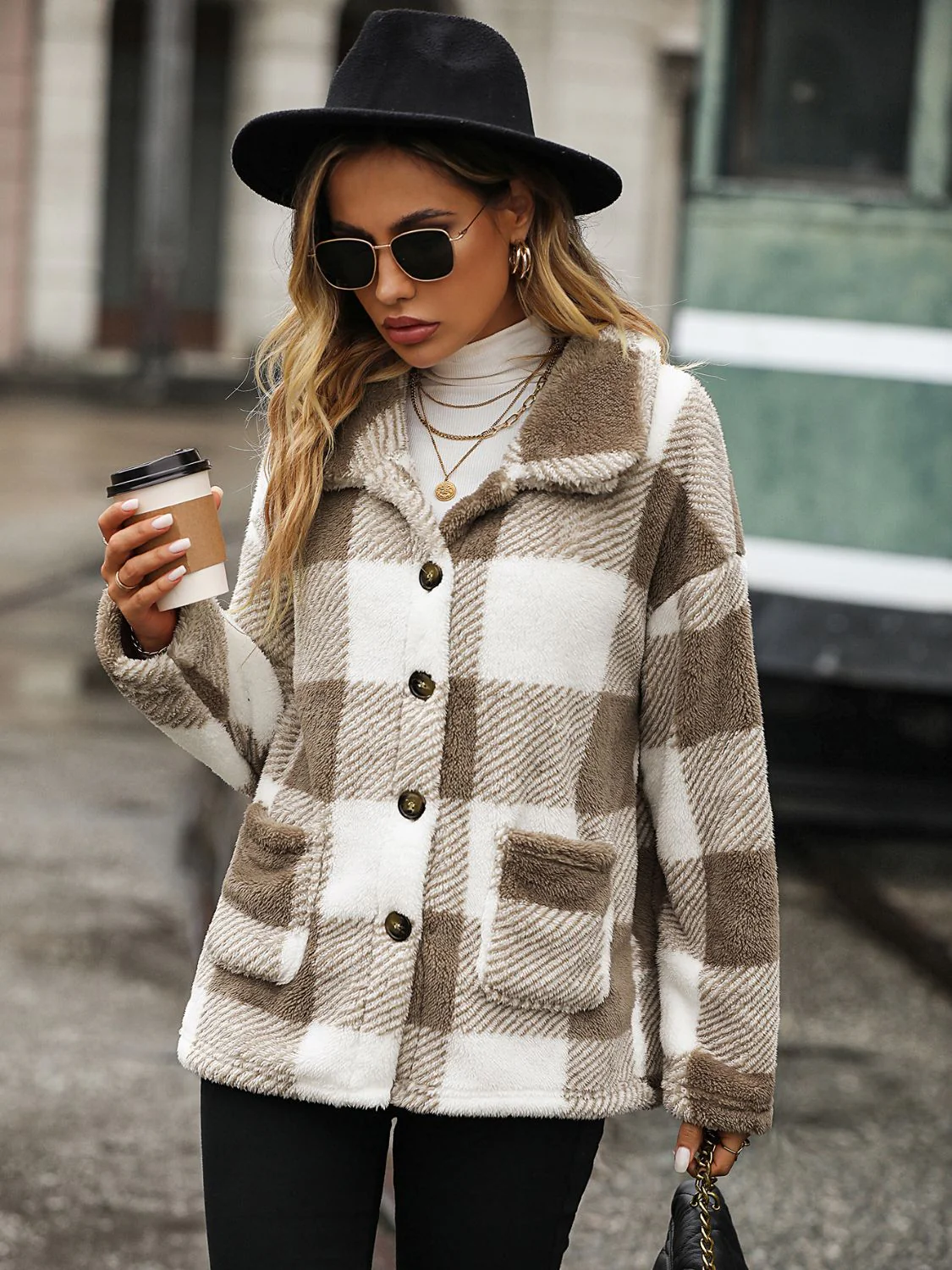 Plaid Collared Neck Button Down Jacket - Image 5