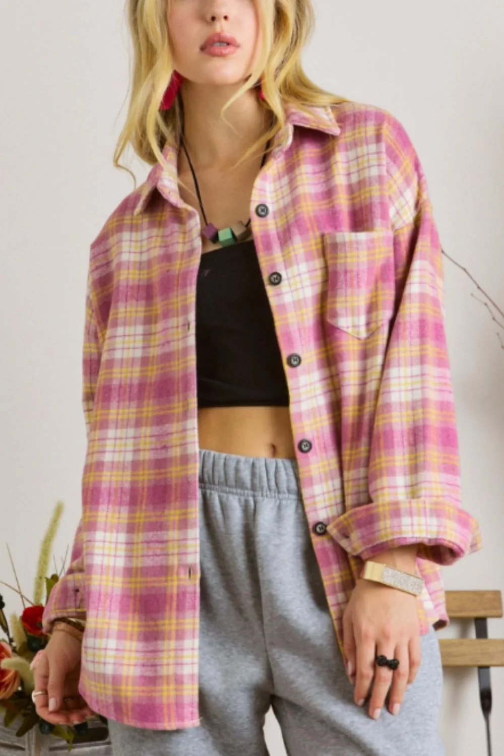 Plaid Collared Neck Button Up Shacket - Image 3