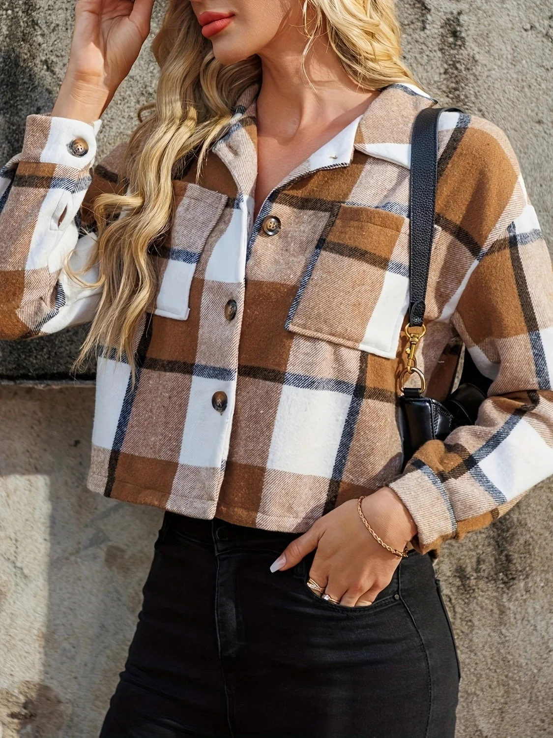 Plaid Collared Neck Cropped Jacket - Image 2