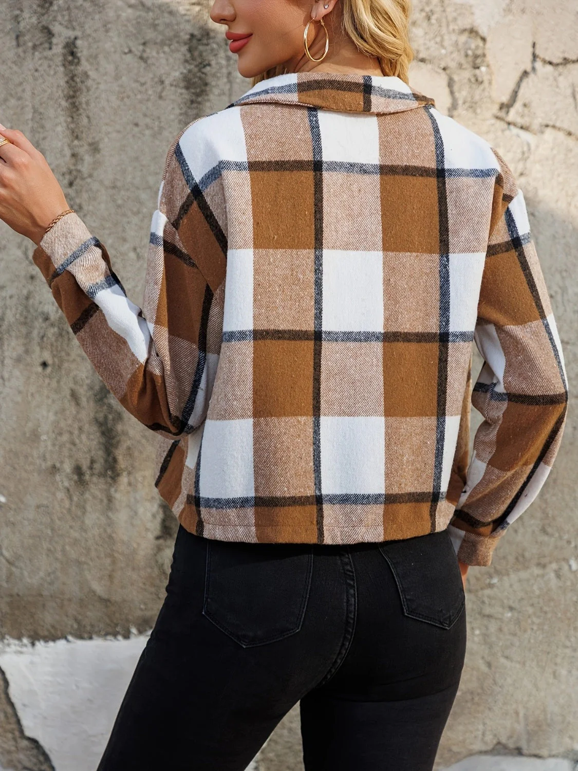 Plaid Collared Neck Cropped Jacket - Image 3
