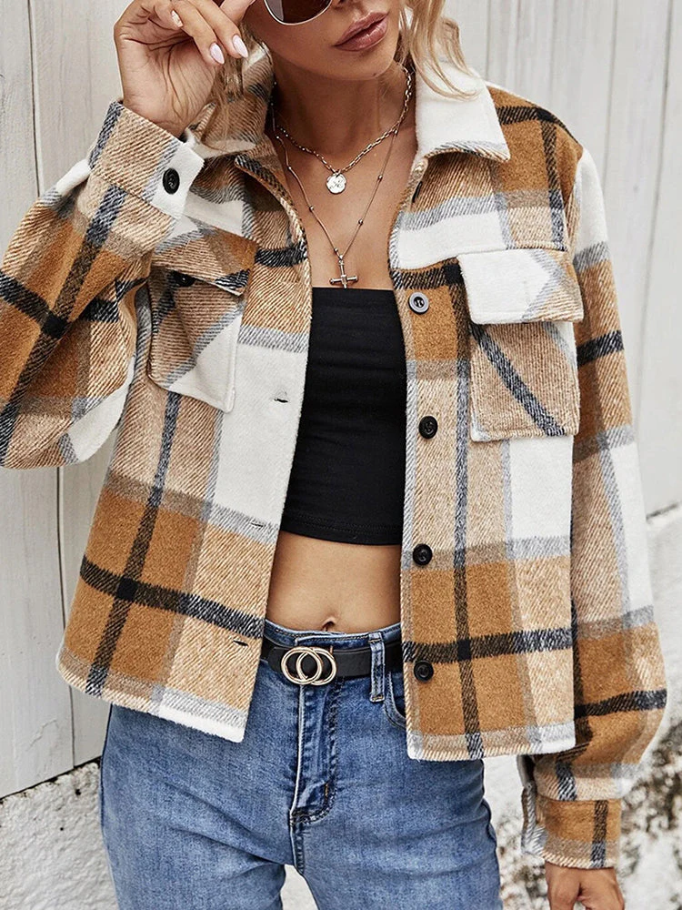 Plaid Collared Neck Jacket with Breast Pockets - Image 10