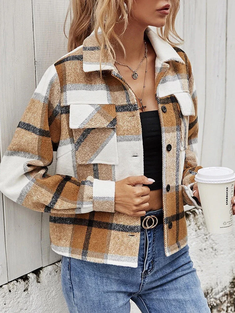 Plaid Collared Neck Jacket with Breast Pockets - Image 11