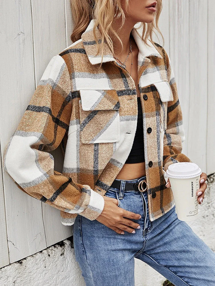 Plaid Collared Neck Jacket with Breast Pockets - Image 12
