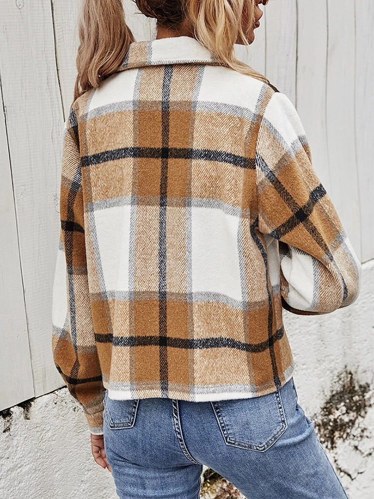 Plaid Collared Neck Jacket with Breast Pockets - Image 13