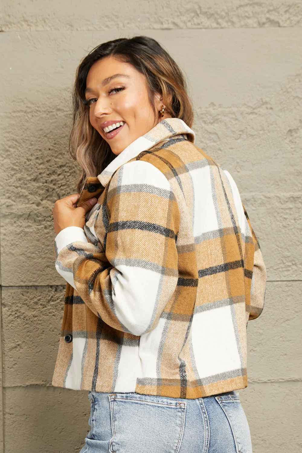 Plaid Collared Neck Jacket with Breast Pockets - Image 2