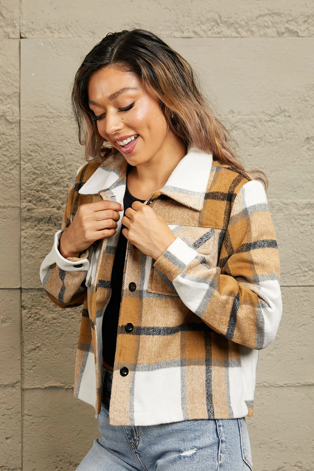 Plaid Collared Neck Jacket with Breast Pockets - Image 3