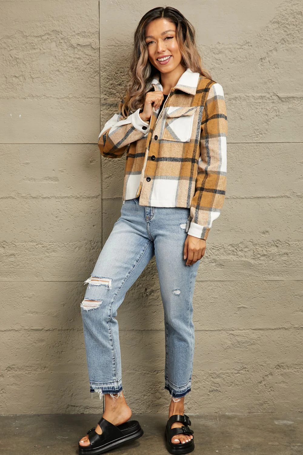 Plaid Collared Neck Jacket with Breast Pockets - Image 4