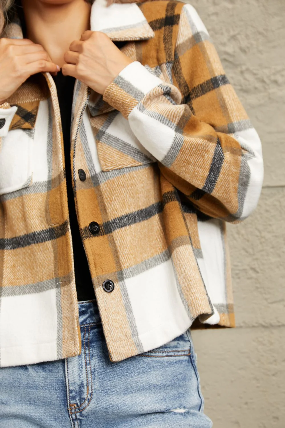 Plaid Collared Neck Jacket with Breast Pockets - Image 5