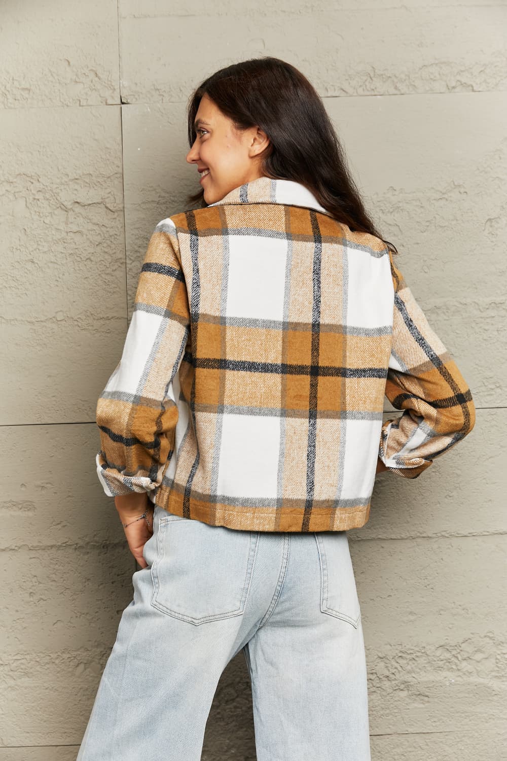 Plaid Collared Neck Jacket with Breast Pockets - Image 7