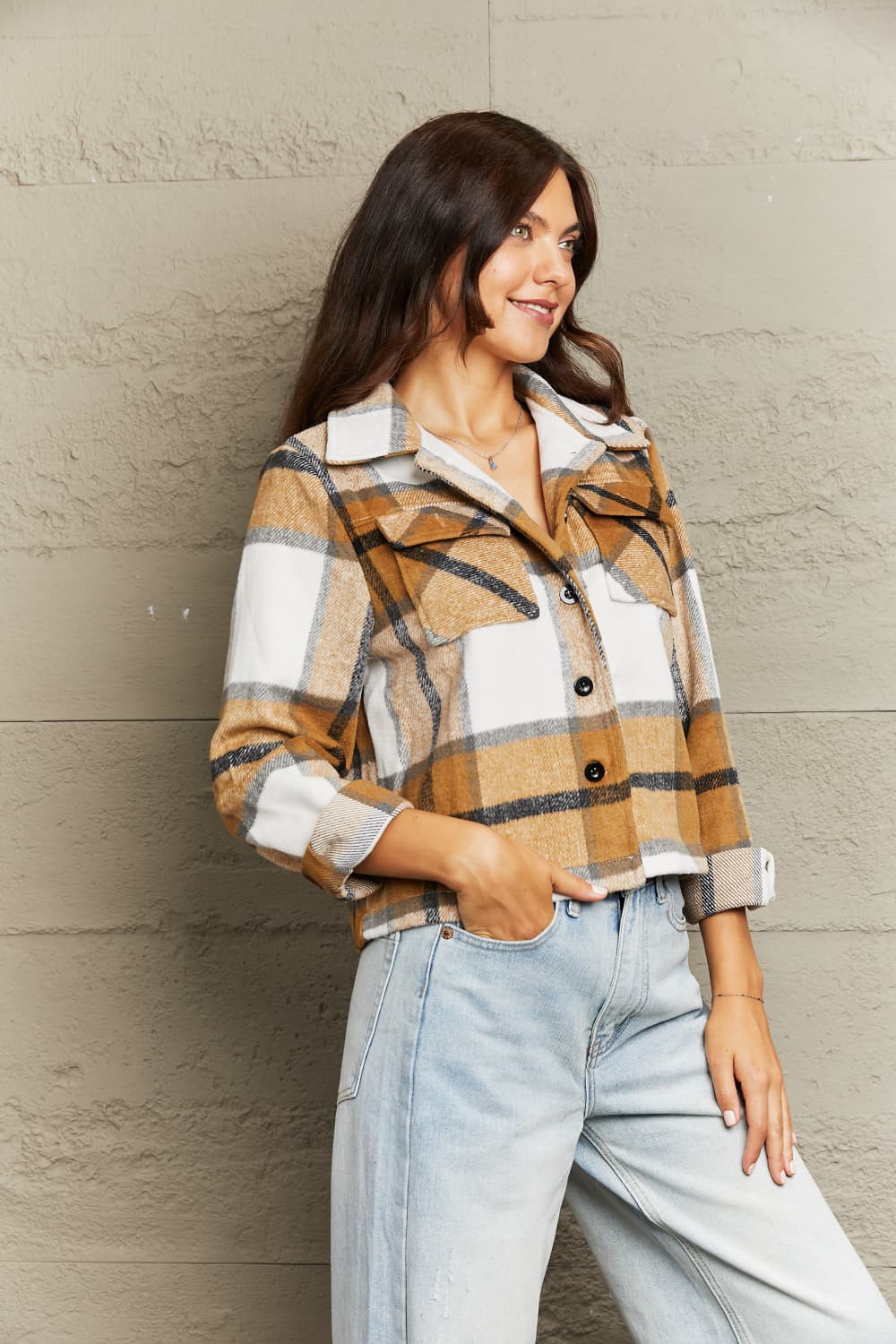 Plaid Collared Neck Jacket with Breast Pockets - Image 8