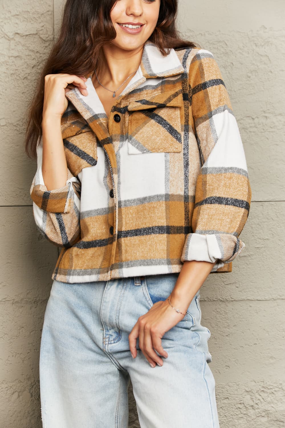 Plaid Collared Neck Jacket with Breast Pockets - Image 9