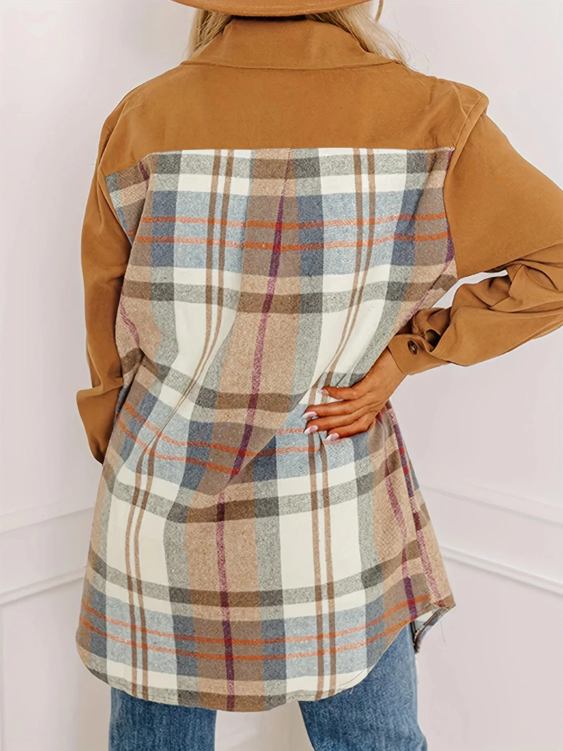 Plaid Collared Neck Long Sleeve Jacket - Image 2