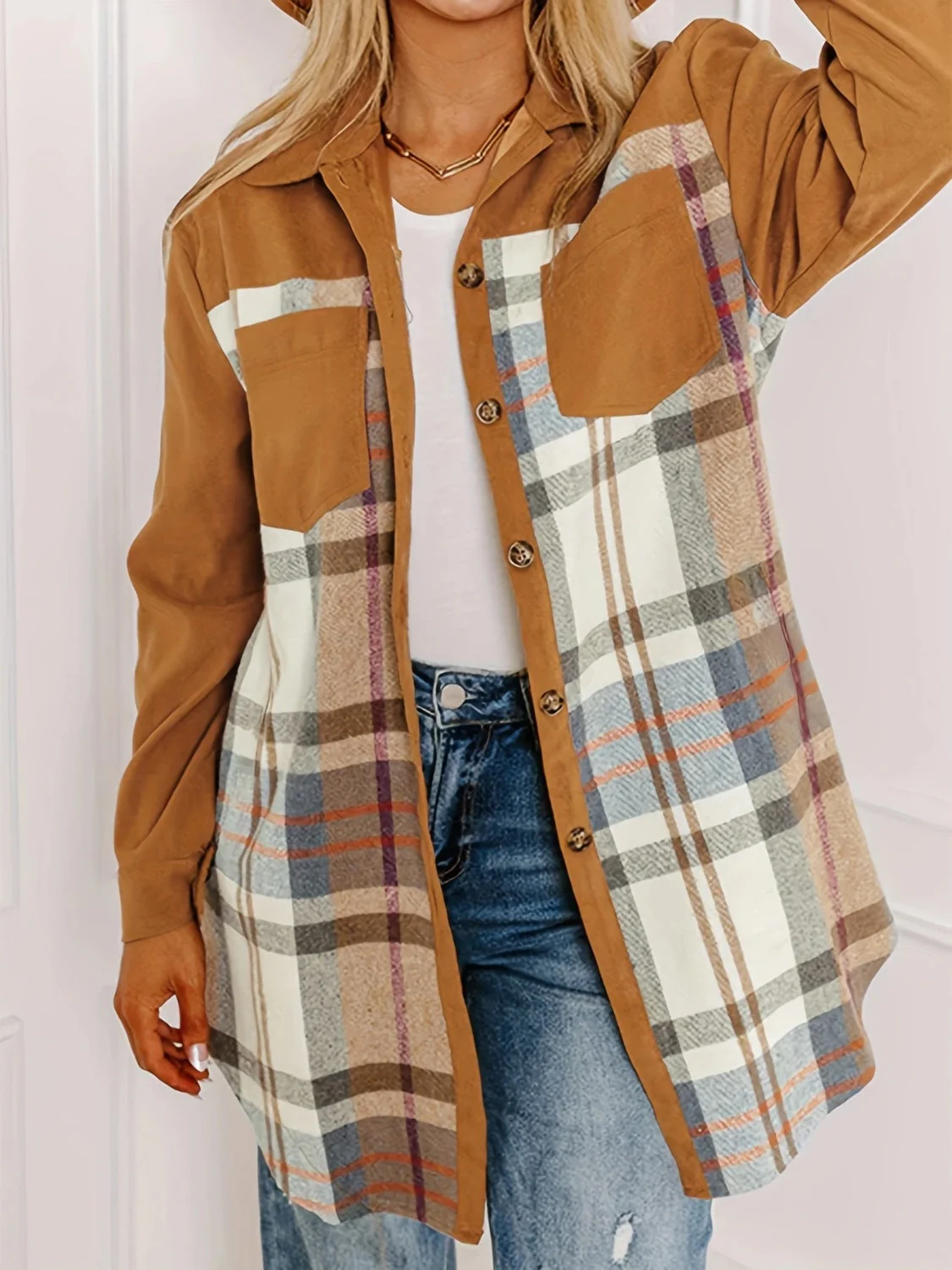 Plaid Collared Neck Long Sleeve Jacket - Image 3