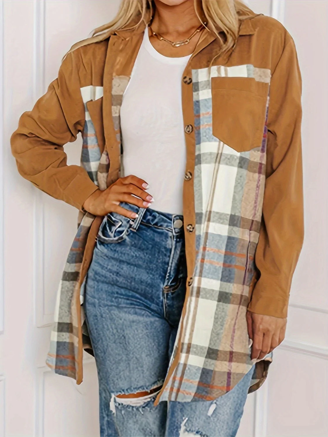 Plaid Collared Neck Long Sleeve Jacket - Image 4