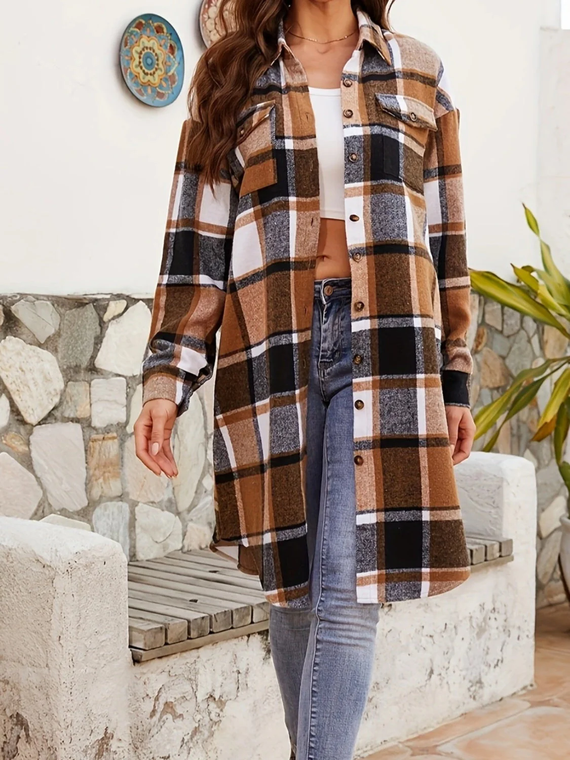 Plaid Collared Neck Long Sleeve Jacket - Image 2