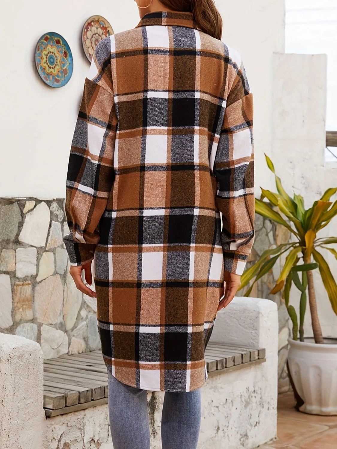 Plaid Collared Neck Long Sleeve Jacket - Image 3