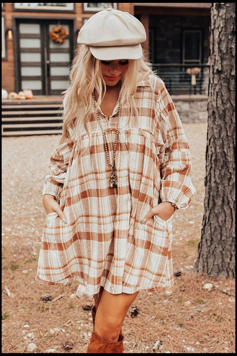 Plaid Collared Neck Long Sleeve Mini Shirt Dress - Image 2