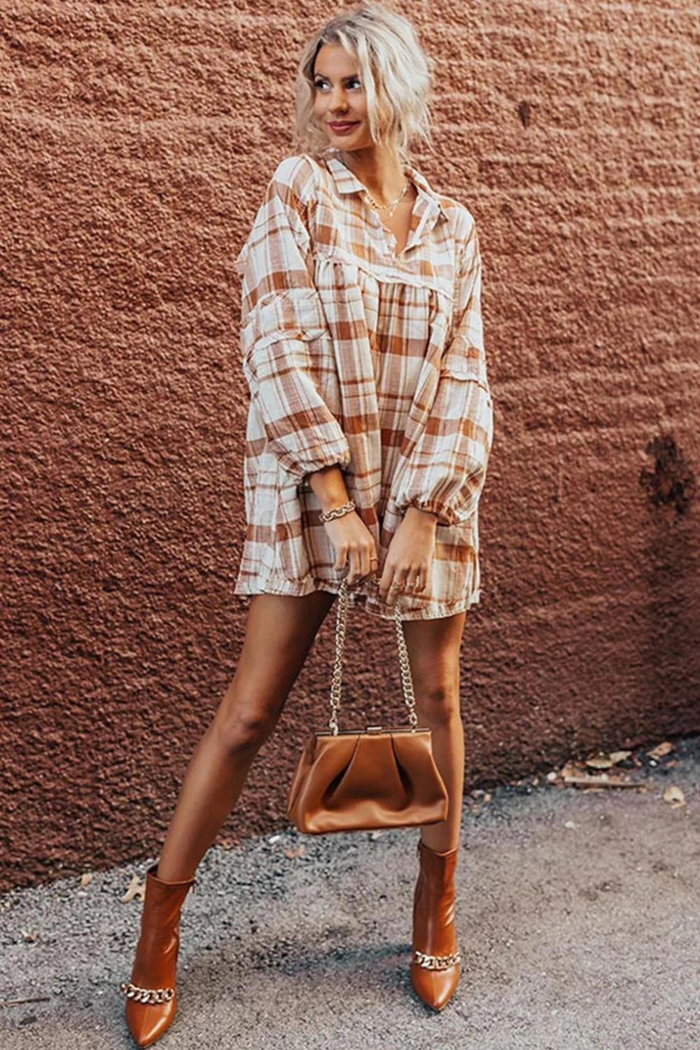 Plaid Collared Neck Long Sleeve Mini Shirt Dress - Image 3