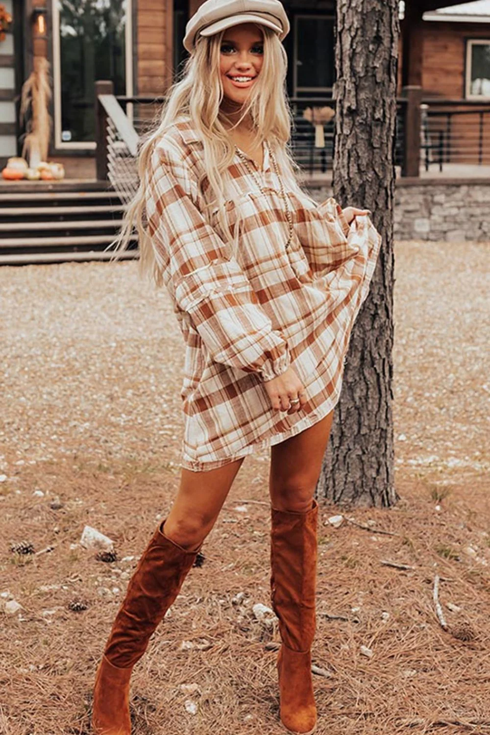 Plaid Collared Neck Long Sleeve Mini Shirt Dress - Image 4