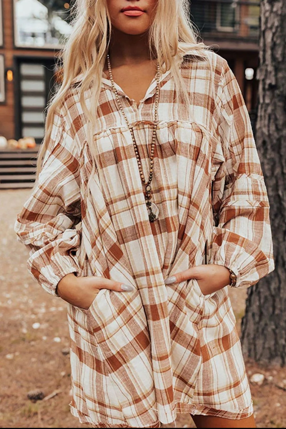 Plaid Collared Neck Long Sleeve Mini Shirt Dress - Image 5
