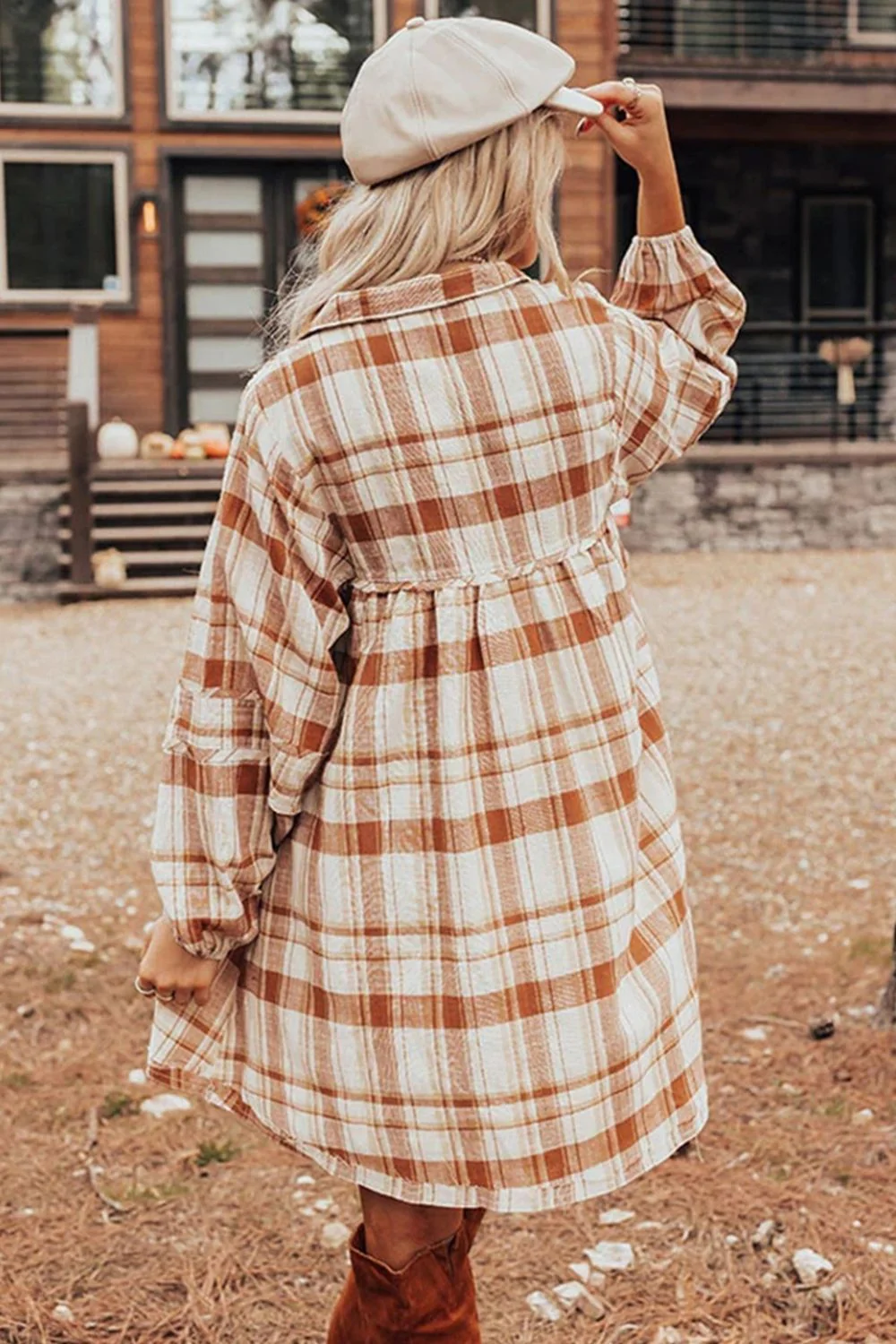 Plaid Collared Neck Long Sleeve Mini Shirt Dress - Image 6