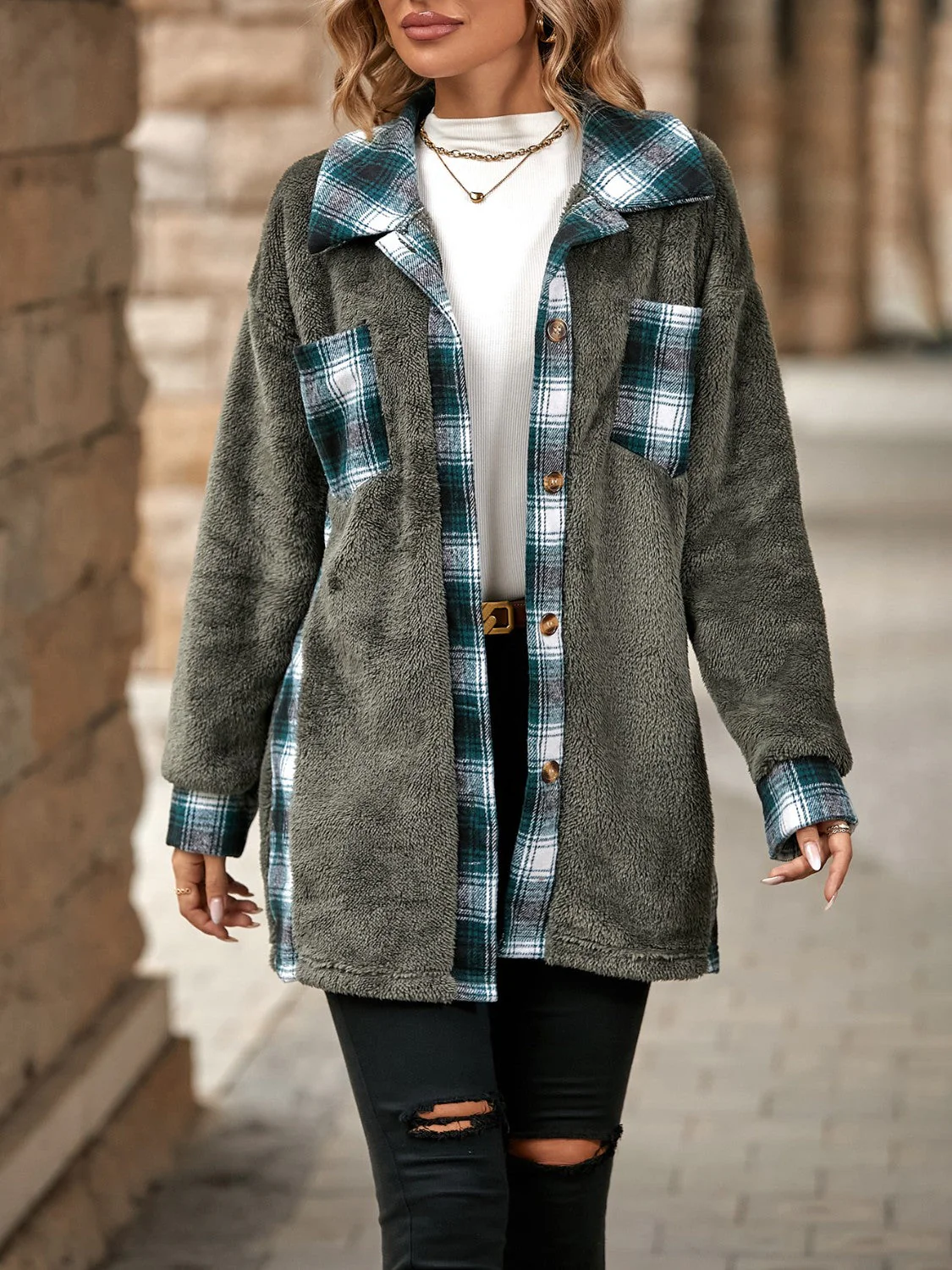Plaid Contrast Dropped Shoulder Coat - Image 10