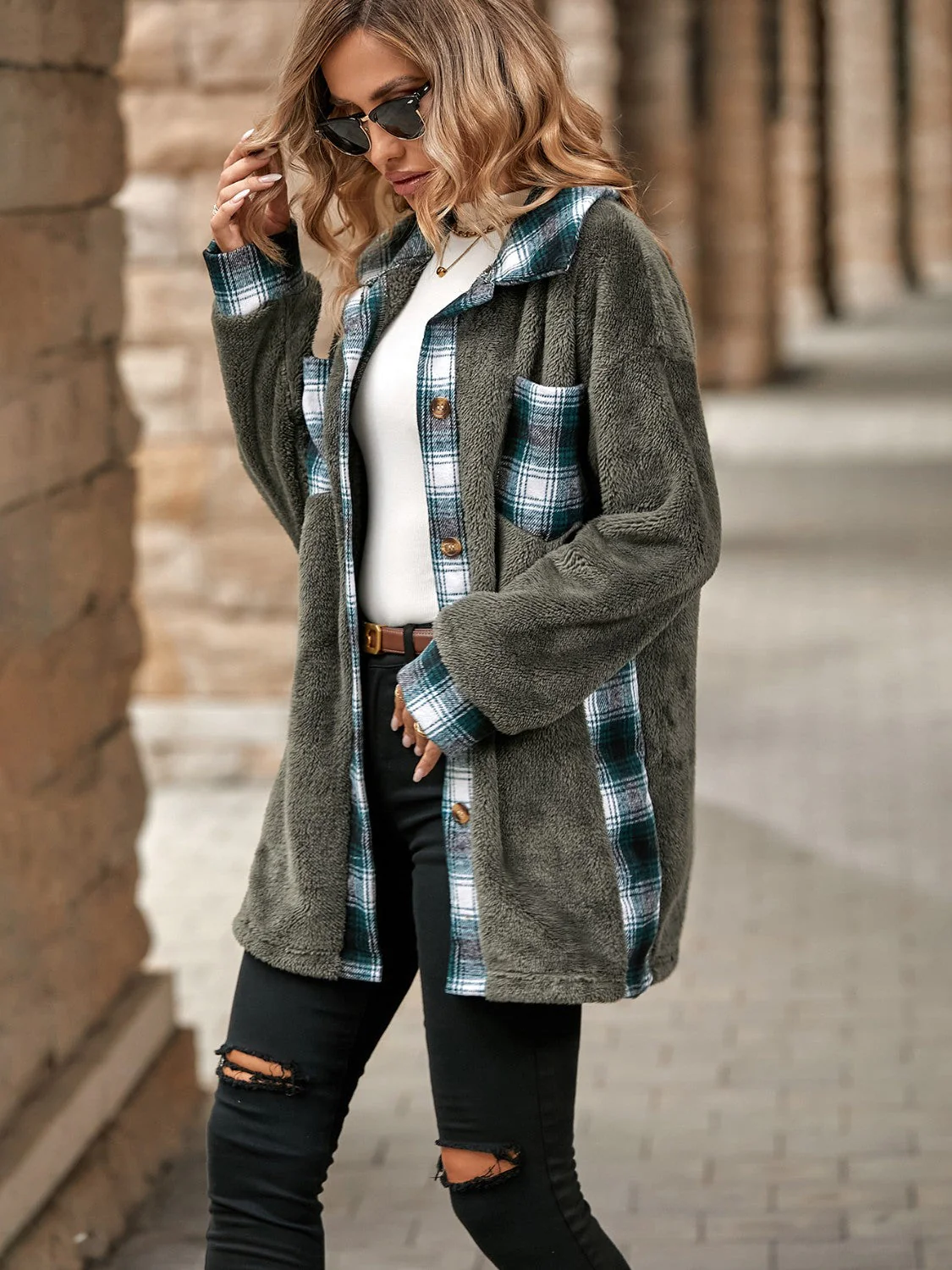 Plaid Contrast Dropped Shoulder Coat - Image 11