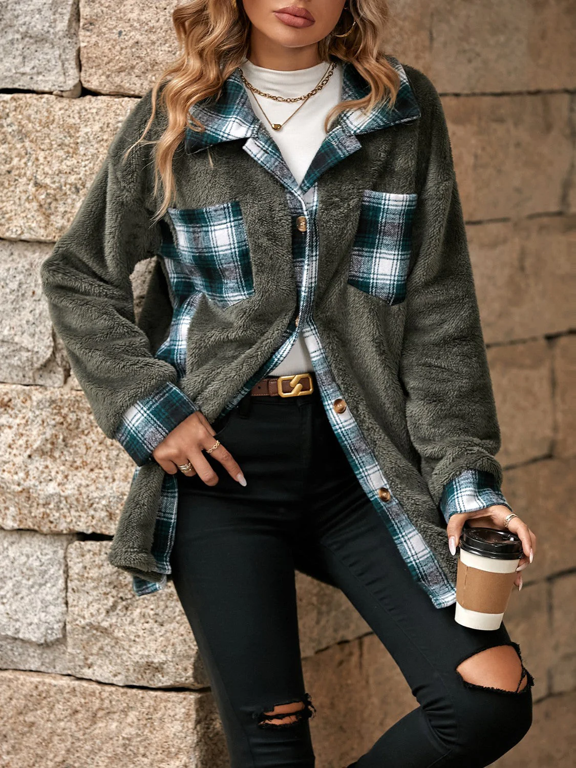 Plaid Contrast Dropped Shoulder Coat - Image 12