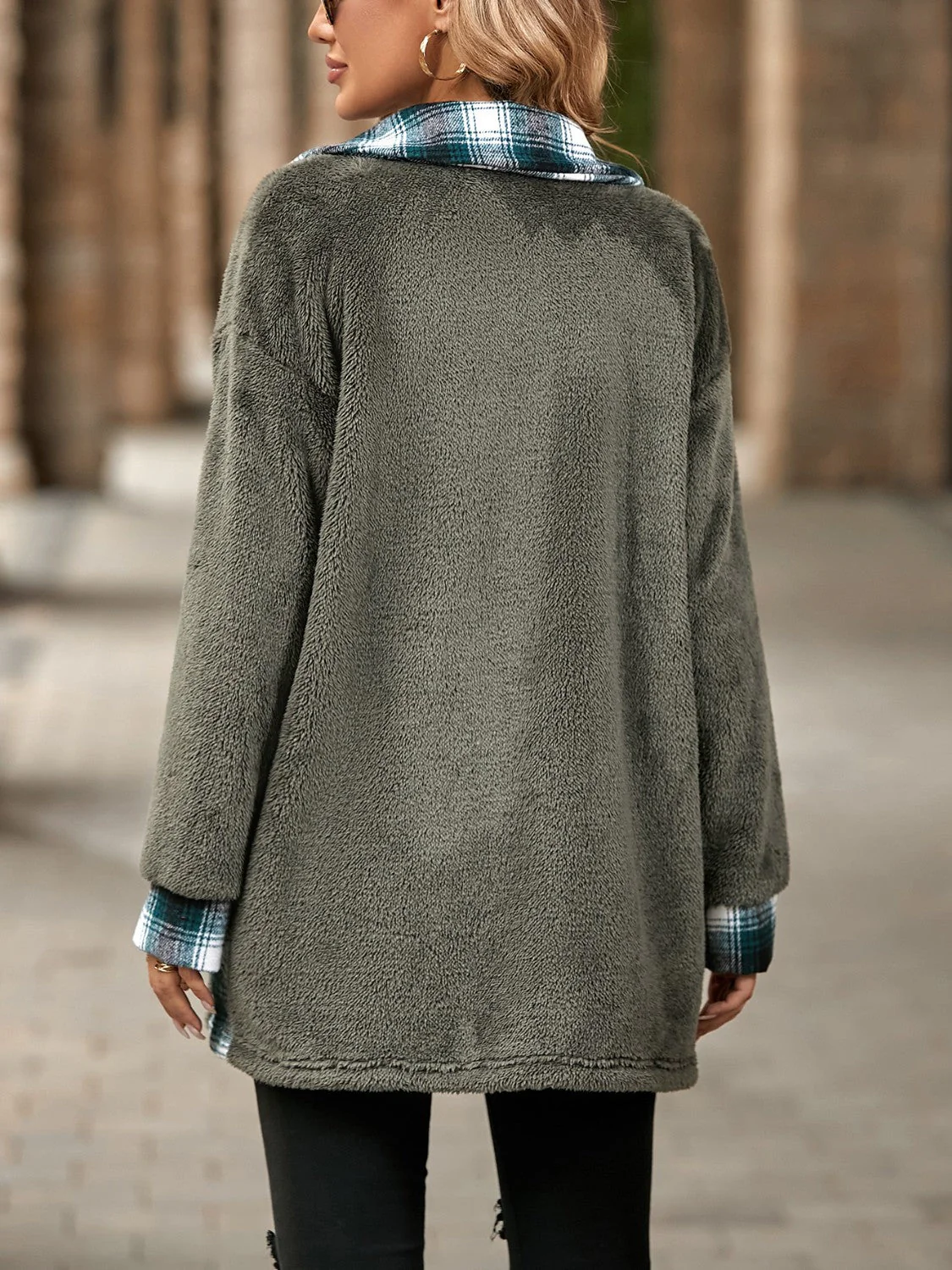Plaid Contrast Dropped Shoulder Coat - Image 13