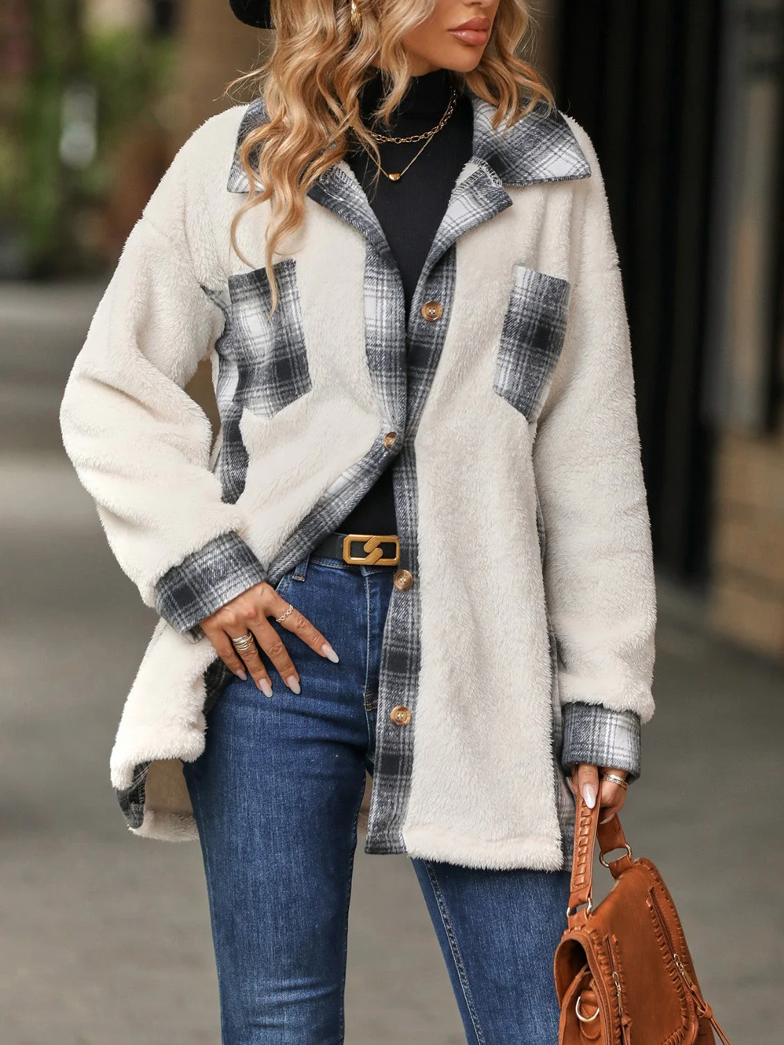 Plaid Contrast Dropped Shoulder Coat - Image 7