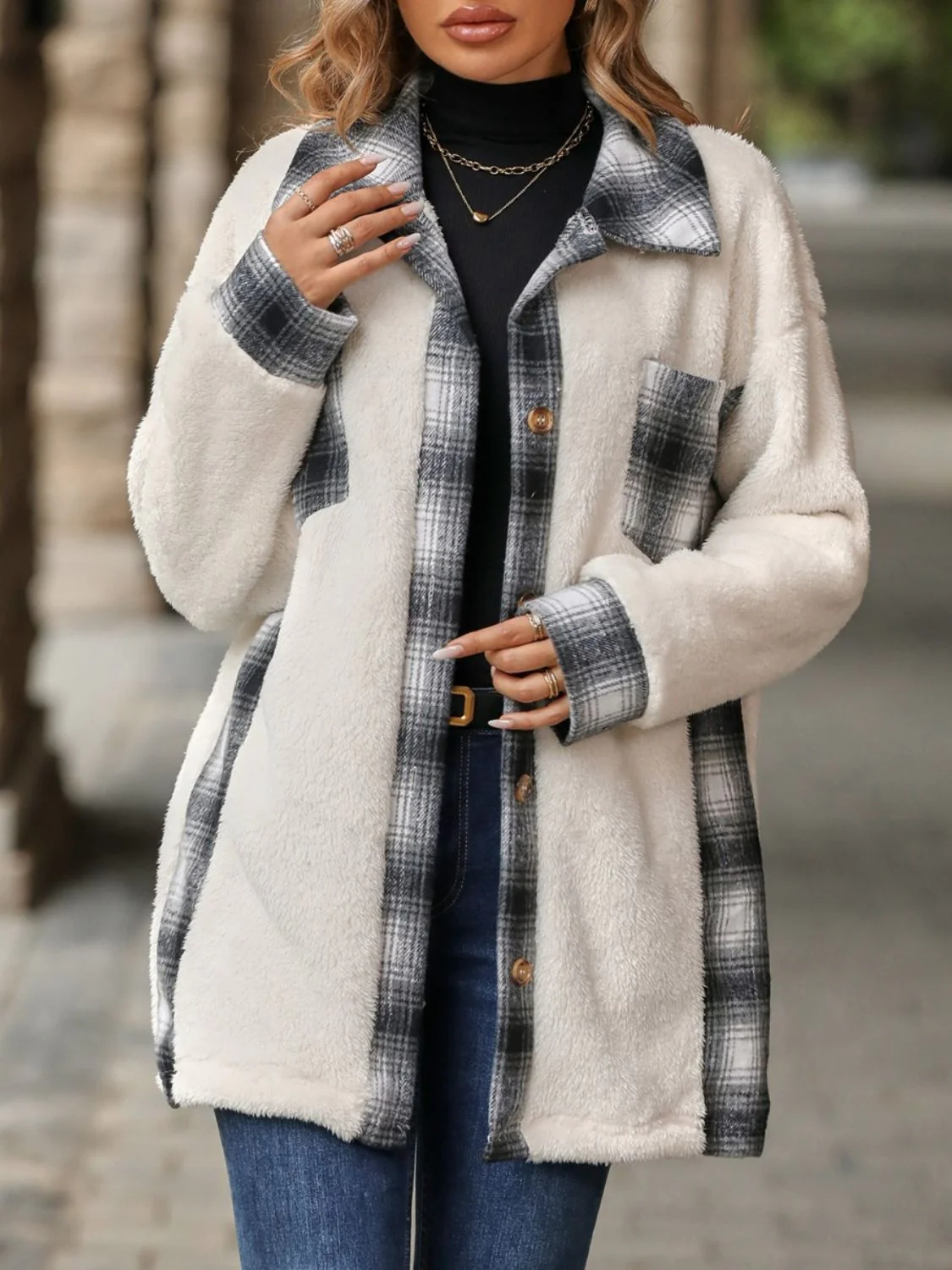 Plaid Contrast Dropped Shoulder Coat - Image 8