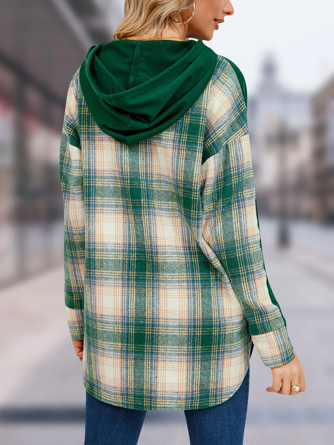 Plaid Drawstring Long Sleeve Slit Hoodie - Image 2