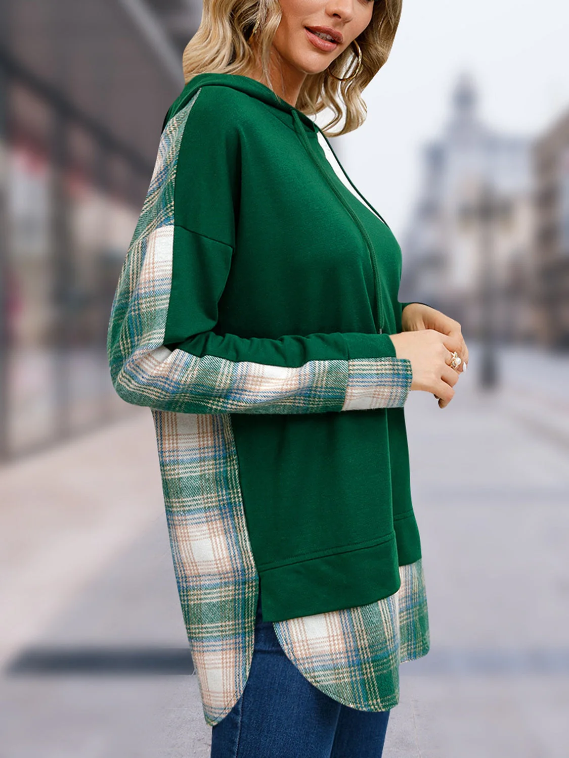 Plaid Drawstring Long Sleeve Slit Hoodie - Image 3