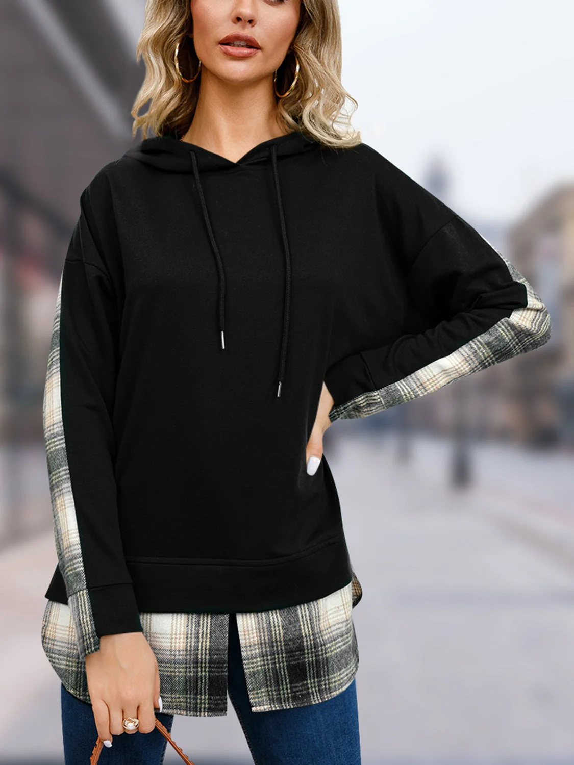 Plaid Drawstring Long Sleeve Slit Hoodie - Image 4
