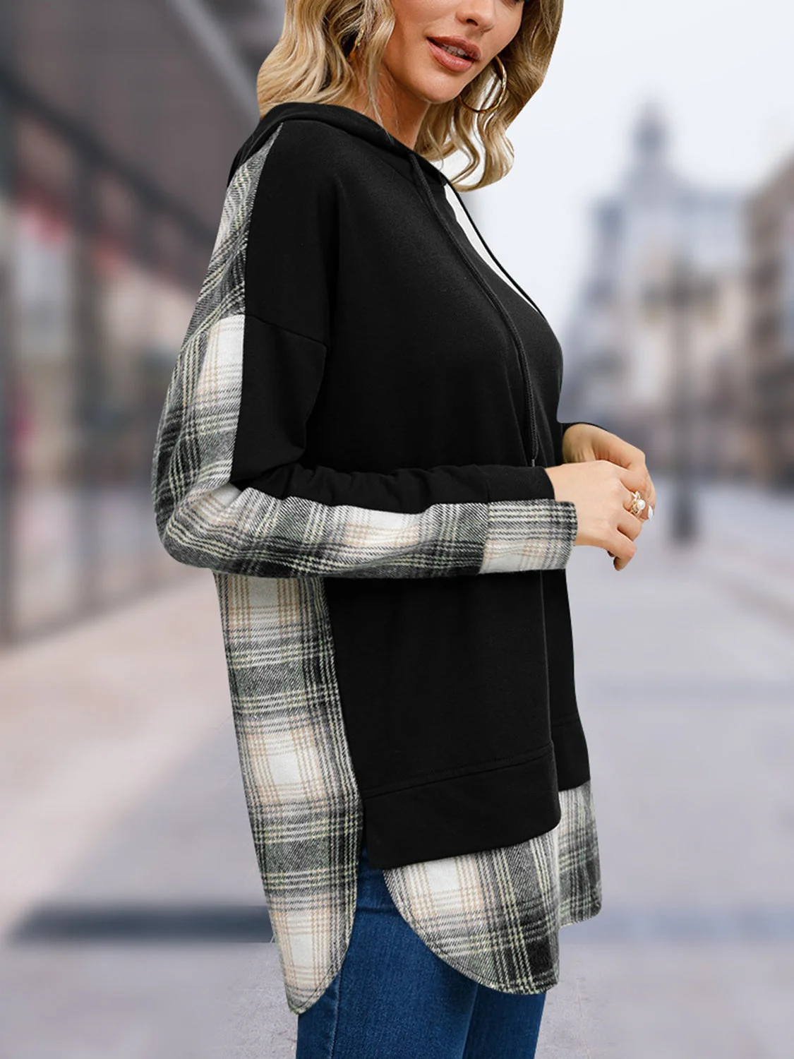 Plaid Drawstring Long Sleeve Slit Hoodie - Image 5