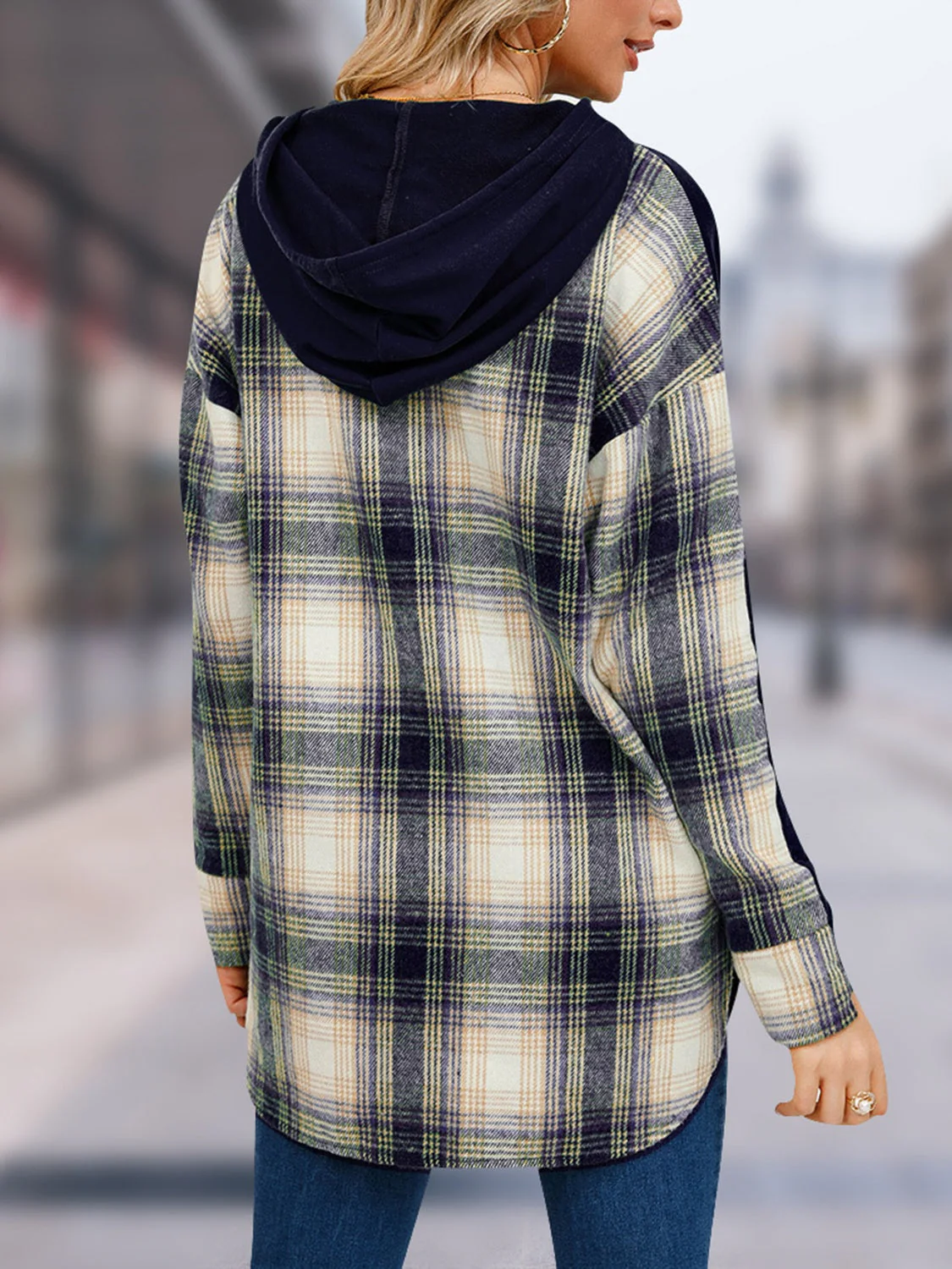 Plaid Drawstring Long Sleeve Slit Hoodie - Image 6