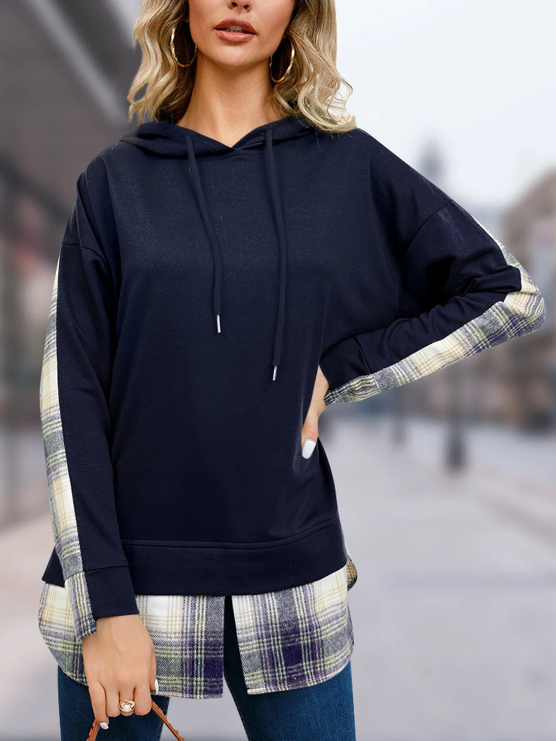 Plaid Drawstring Long Sleeve Slit Hoodie - Image 7