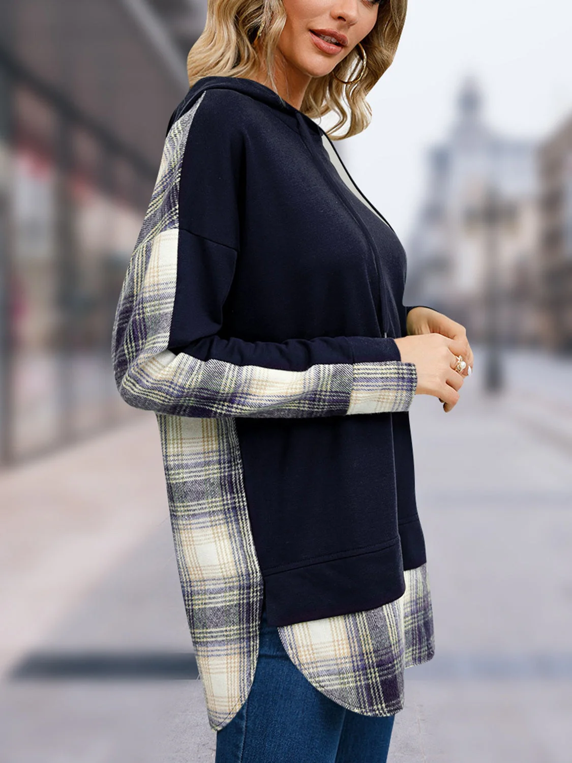 Plaid Drawstring Long Sleeve Slit Hoodie - Image 8